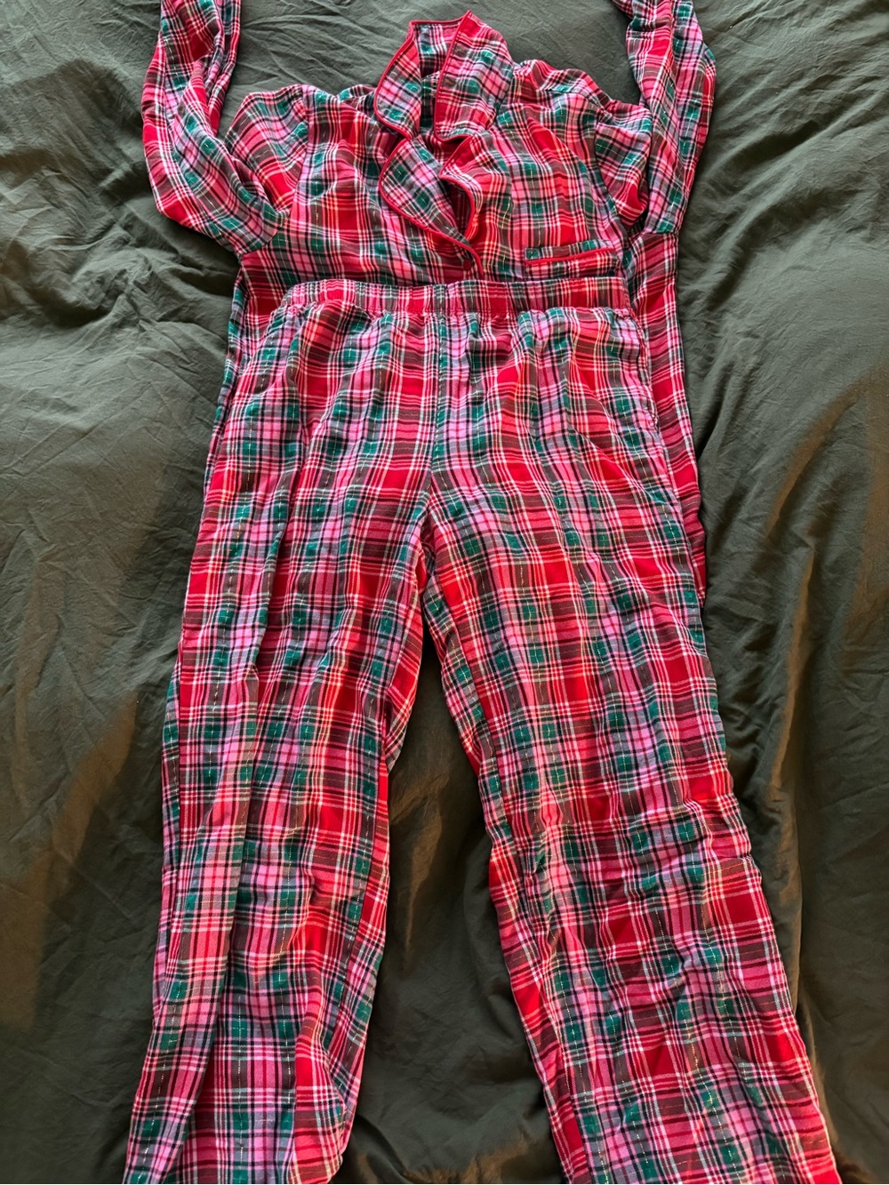 Plaid Flannel Pajama Set Red Hot Pink Green Shimmer 2pc S